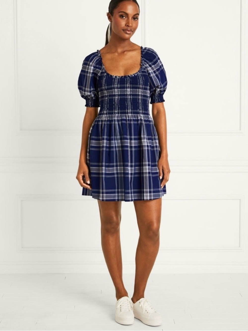 Hill House Navy Plaid Mini Nap Dress with Puff Sleeves
